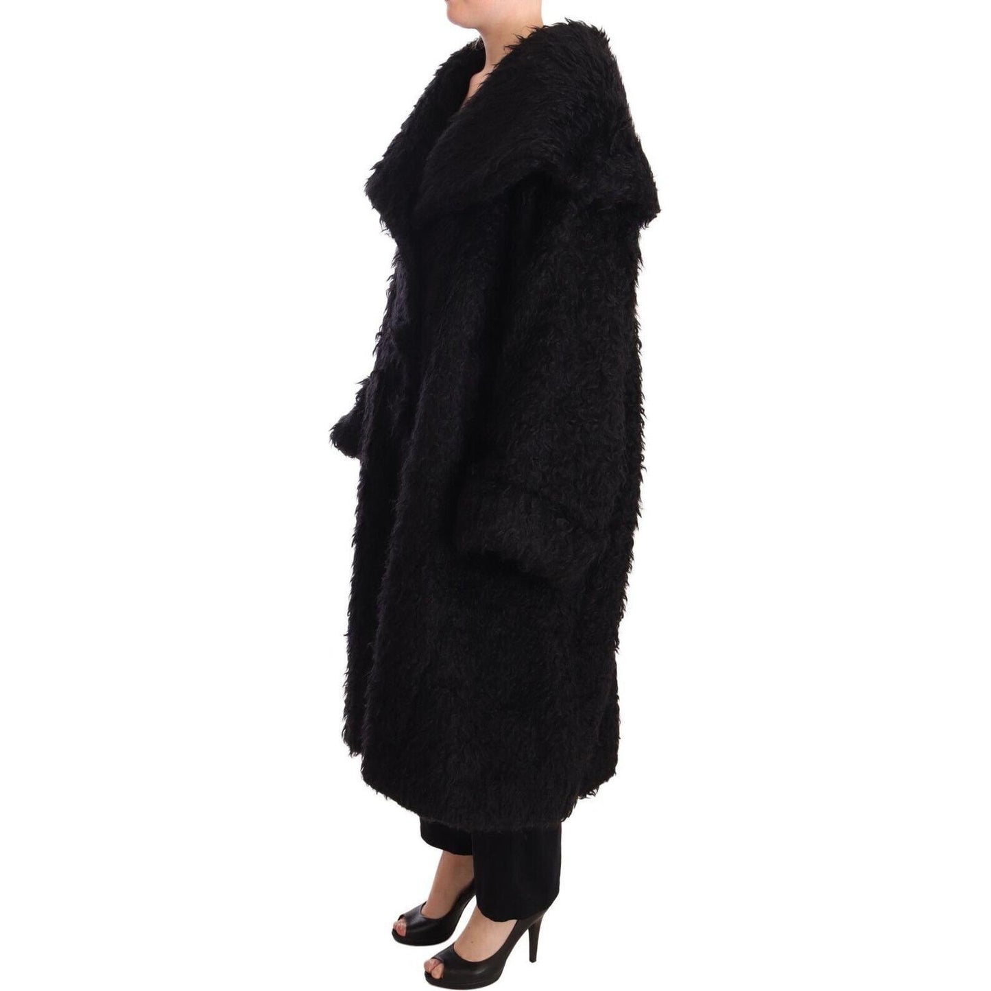 Dolce & Gabbana Black Mohair Fur Cape Trench Coat Jacket