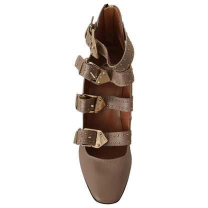 MY TWIN Brown Leather Block Heels Multi Buckle Pumps Shoes