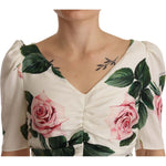 Dolce & Gabbana White Roses Print Stretch Silk Pleated Dress Dress