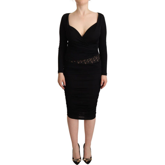 GF Ferre Black Long Sleeves Sweetheart Neck Midi Dress WOMAN DRESSES