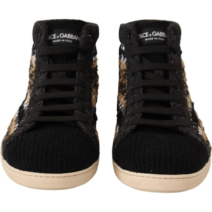 Dolce & Gabbana Beige Brown Wool Cotton High Top Sneakers MAN SNEAKERS