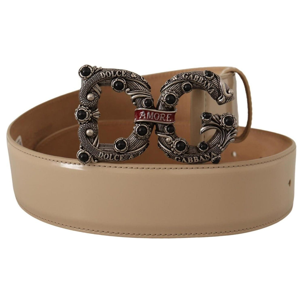Dolce & Gabbana Beige Leather Silver Logo Buckle Amore Belt BEL8316 - 75