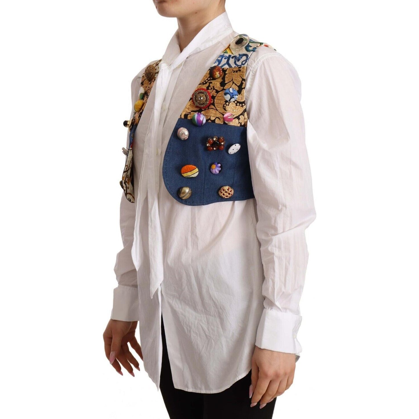 Dolce & Gabbana Multicolor Embellished Waist Coat Cotton Top Dolce & Gabbana