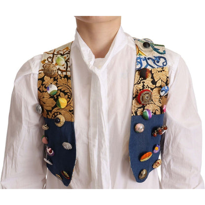 Dolce & Gabbana Multicolor Embellished Waist Coat Cotton Top Dolce & Gabbana