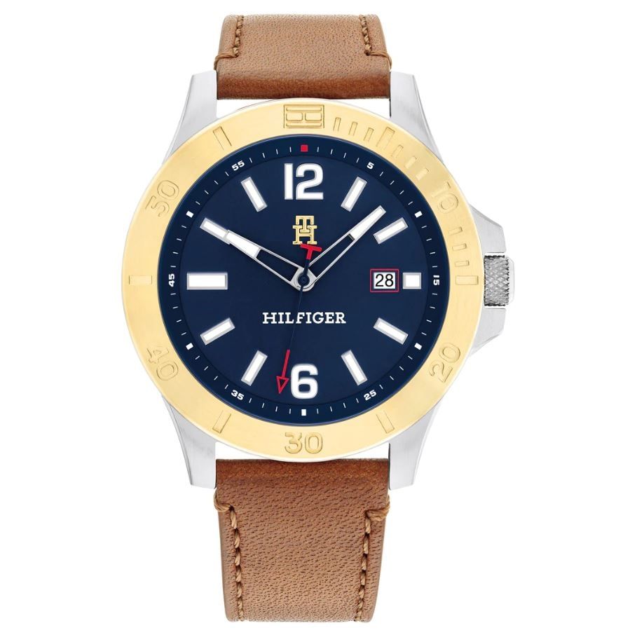 TOMMY HILFIGER Mod. 1710529 watch with brown bracelet, quartz movement, mineral dial, and 46 mm case, water resistant to 5 ATM.