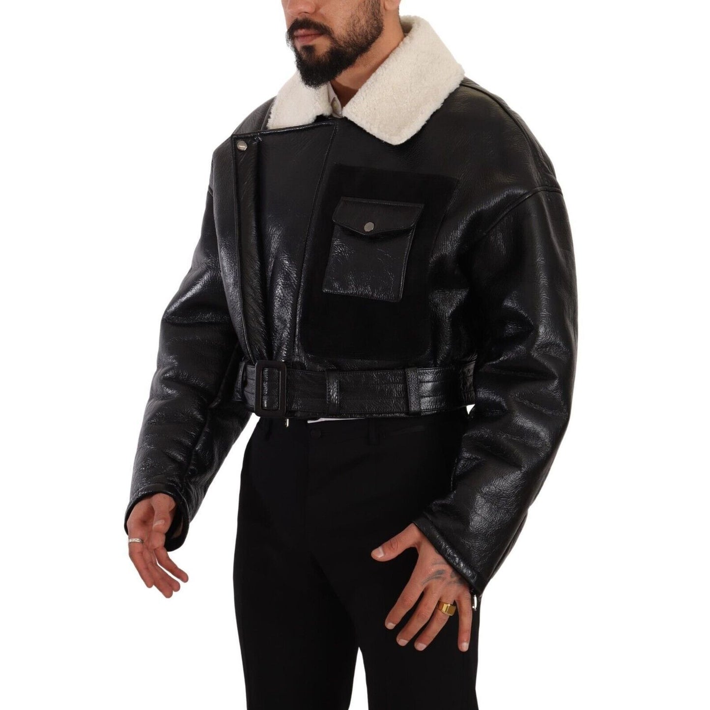 Dolce & Gabbana Black Leather Shearling Biker Coat Jacket