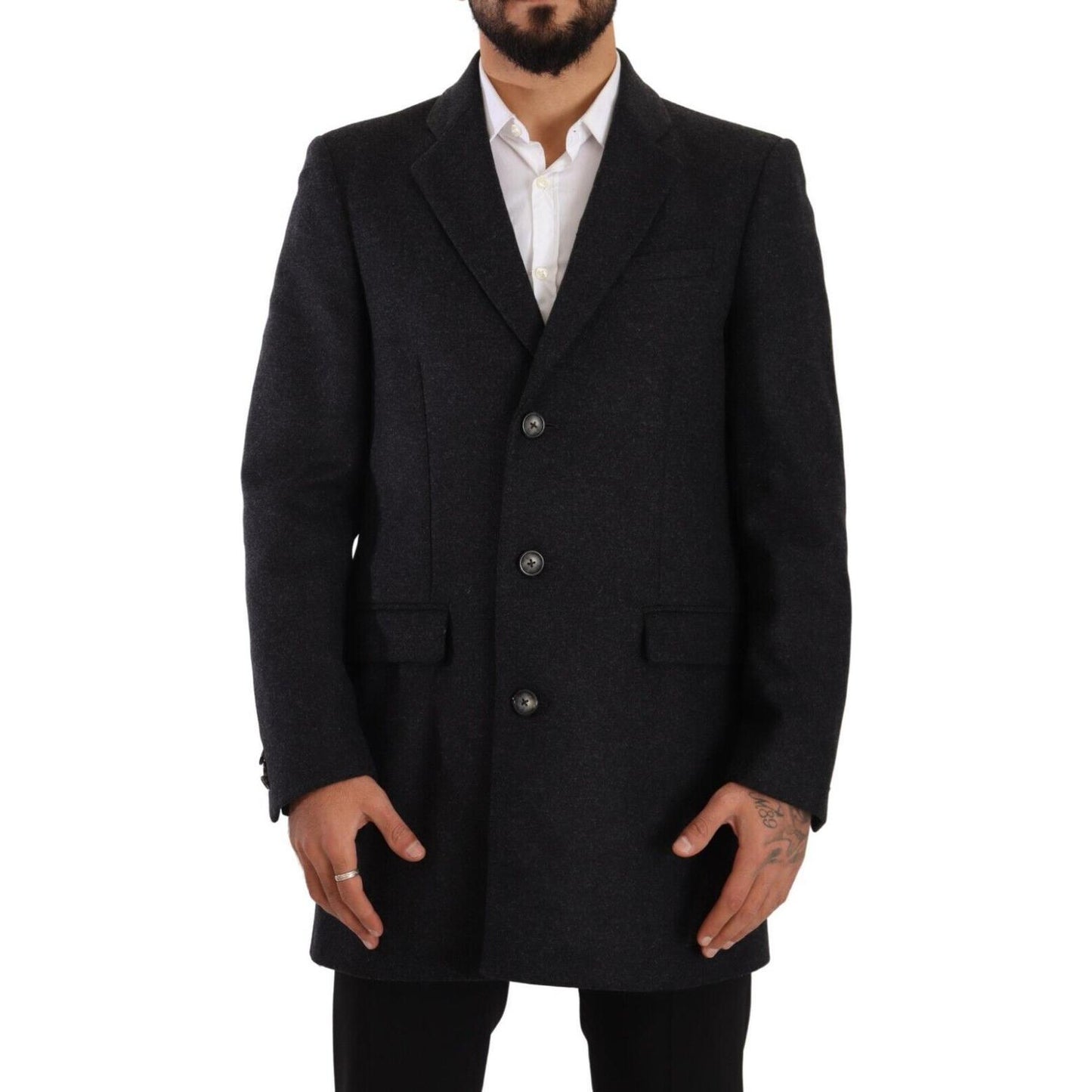 Dolce & Gabbana Dark Gray Wool Over Trench Coat Men Jacket