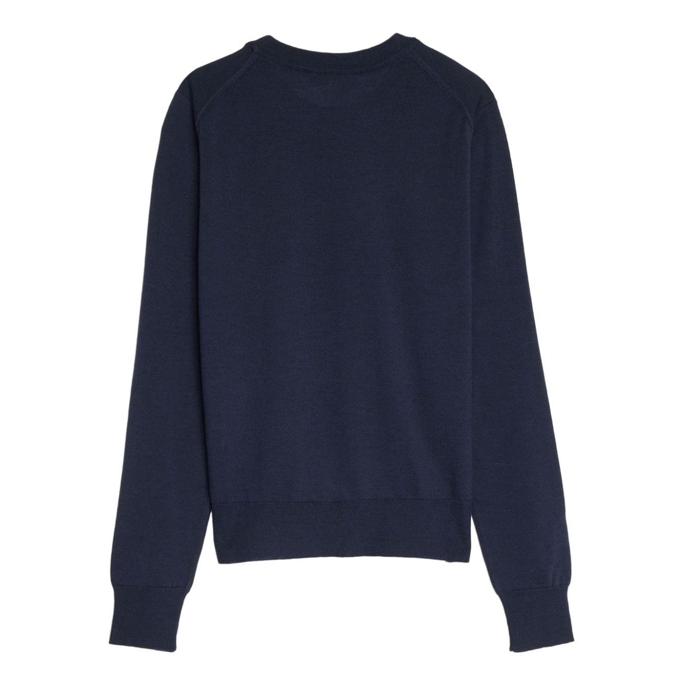 Back view of Maison Kitsuné MAISON KITSUNE' Sweaters Blue in navy merino wool, showing ribbed-knit edge and crew neck design.