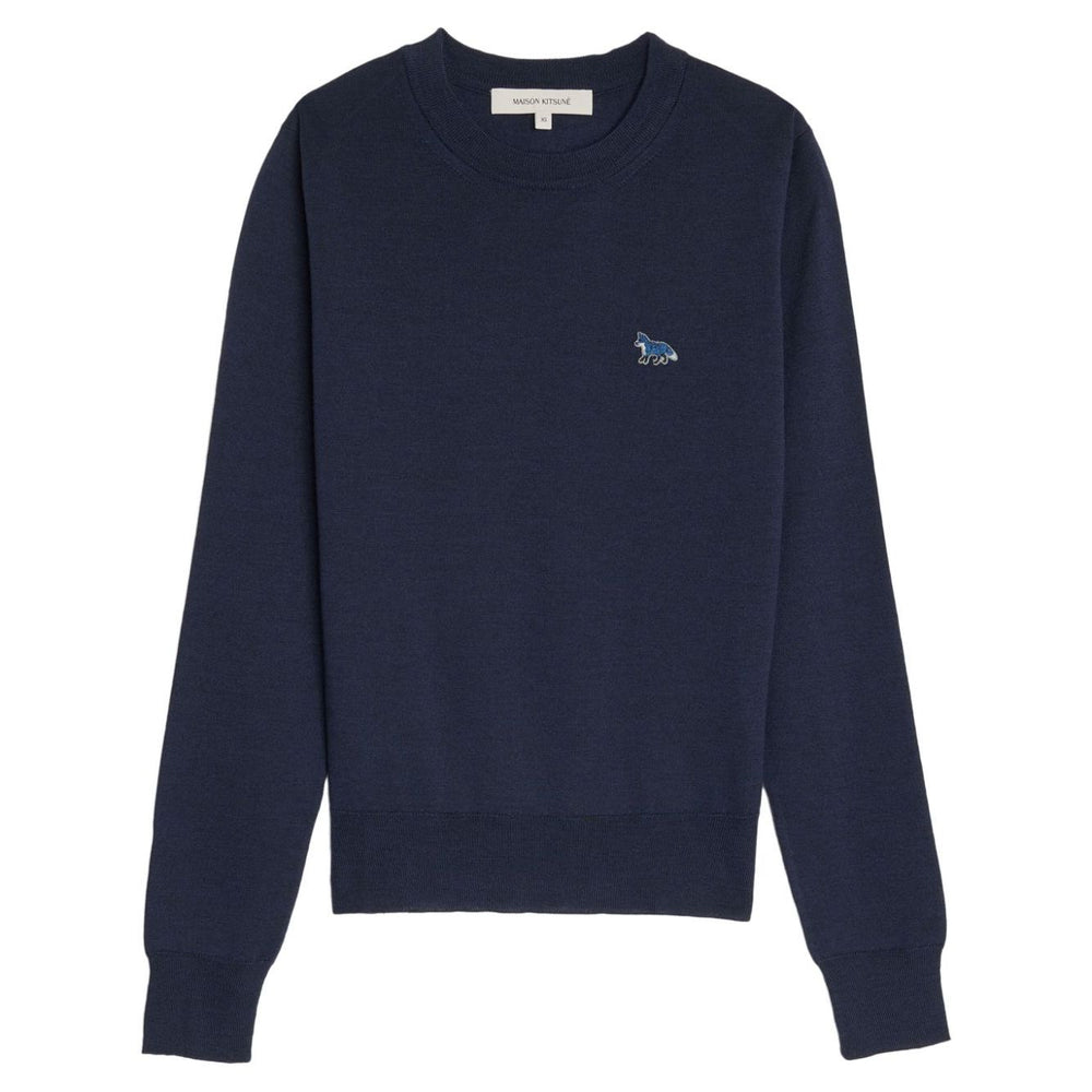 Maison Kitsuné MAISON KITSUNE' Sweaters Blue navy merino wool jumper with fox logo patch, ribbed cuffs, and crew neck.