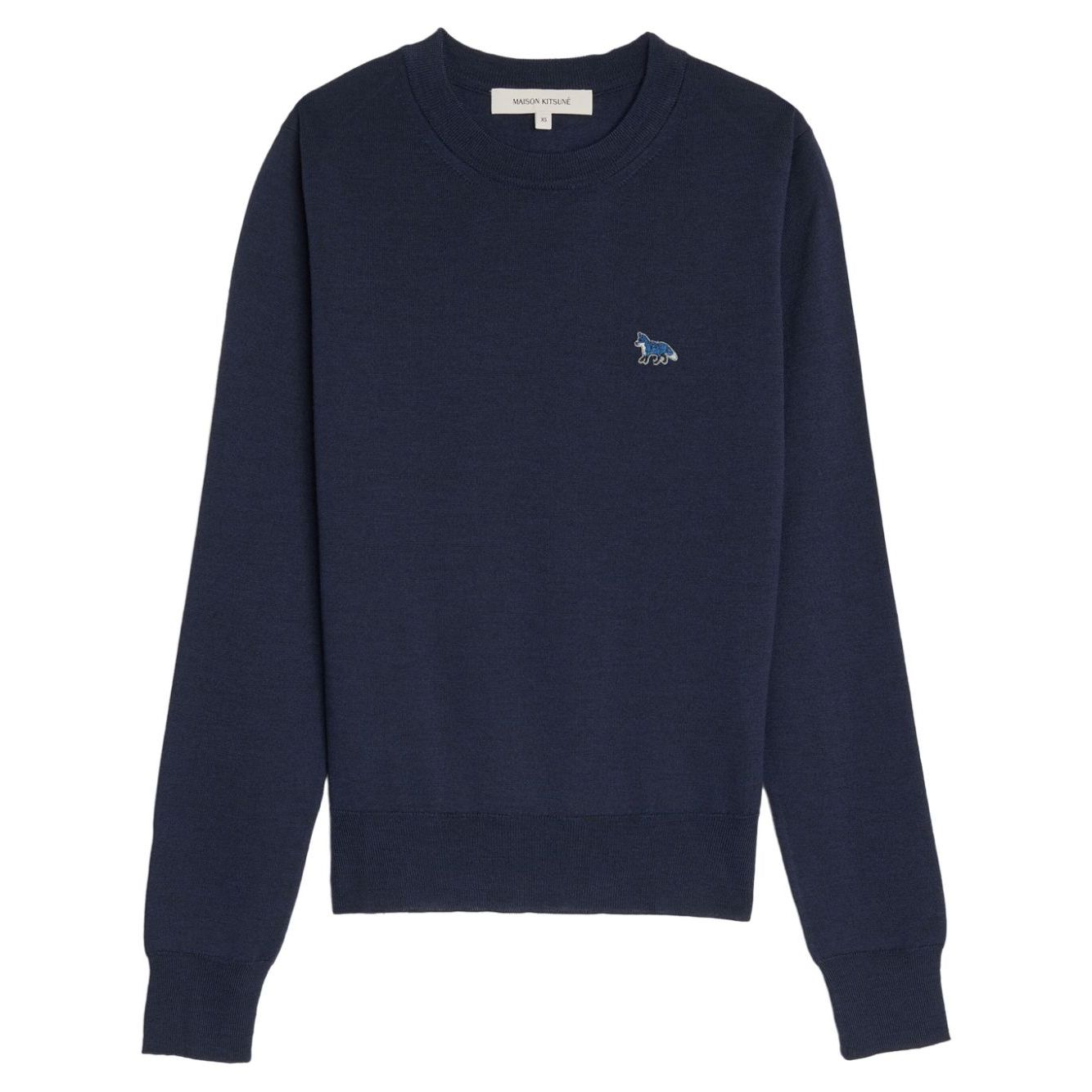 Maison Kitsuné MAISON KITSUNE' Sweaters Blue navy merino wool jumper with fox logo patch, ribbed cuffs, and crew neck.