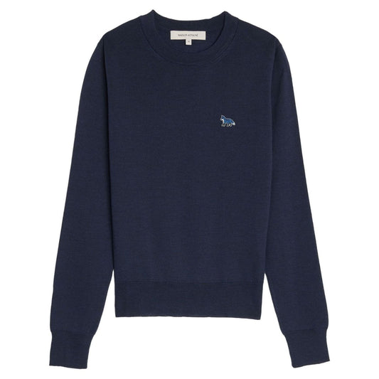 Maison Kitsuné MAISON KITSUNE' Sweaters Blue, navy merino wool with signature fox motif, crew neck, modeled on person, fits true to size.