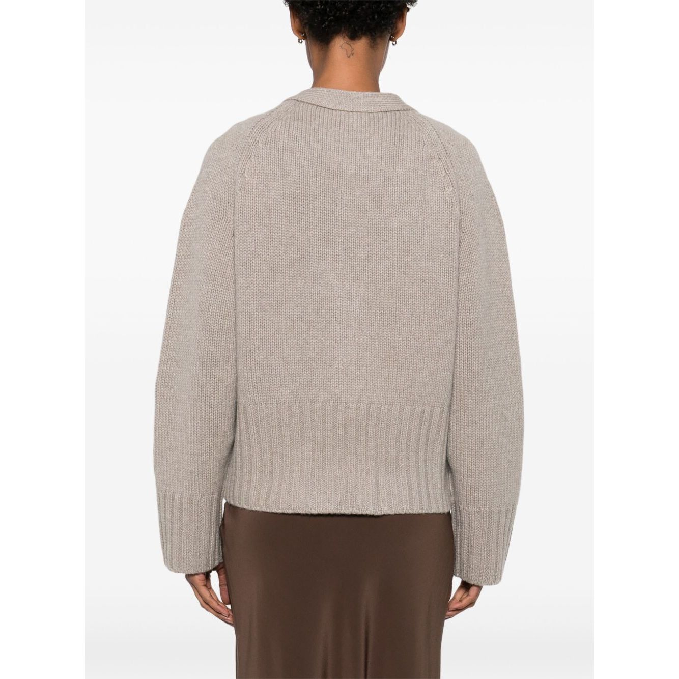 SOFT GOAT Sweaters Light Grey back view, taupe grey cashmere V-neck cardigan, ribbed trim, long sleeves, casual fashion style.