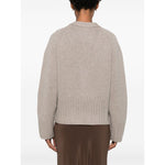 SOFT GOAT Sweaters Light Grey back view, taupe grey cashmere V-neck cardigan, ribbed trim, long sleeves, casual fashion style.