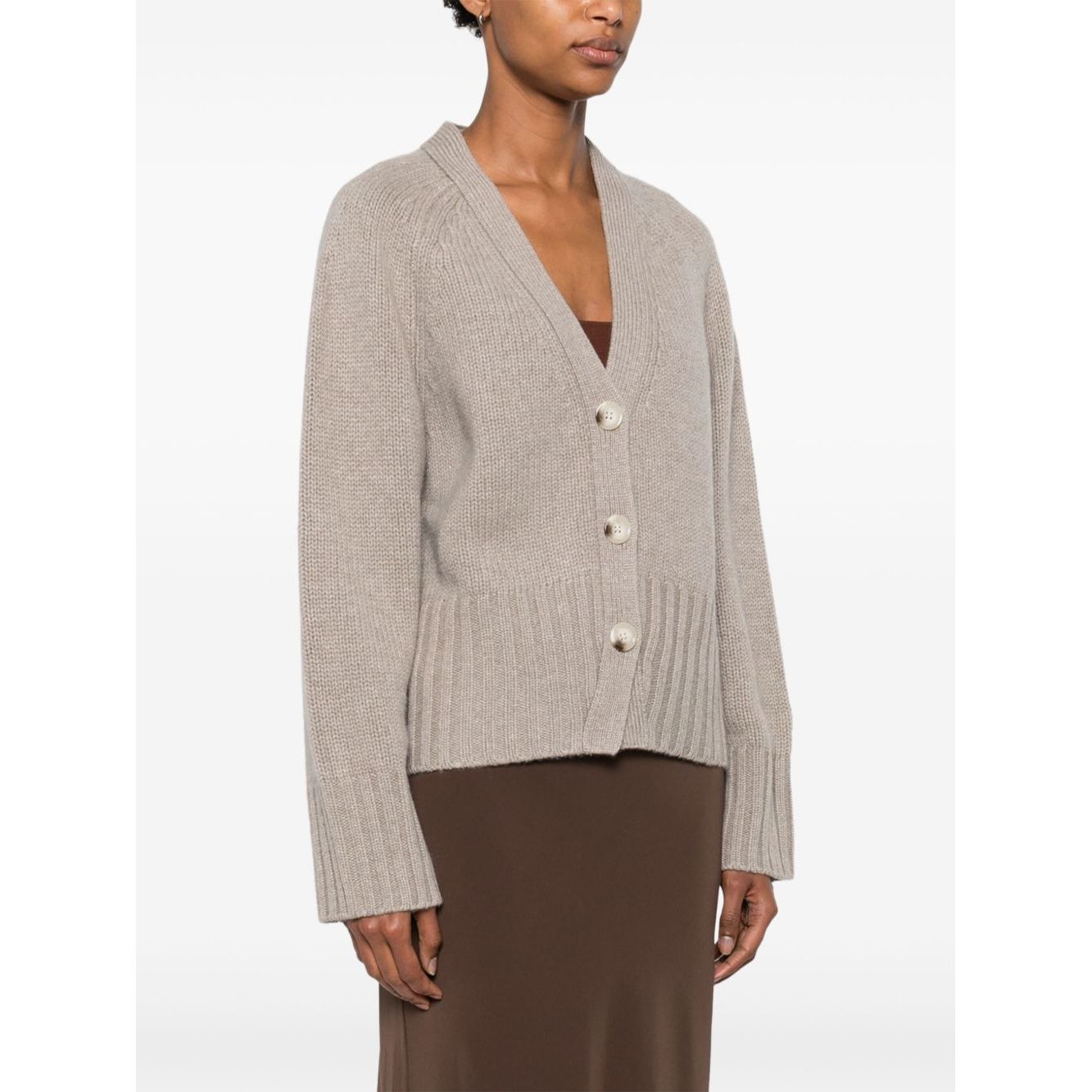 SOFT GOAT Sweaters Light Grey cashmere cardigan with V-neck, front button fastening, and ribbed trim, perfect for a stylish look.