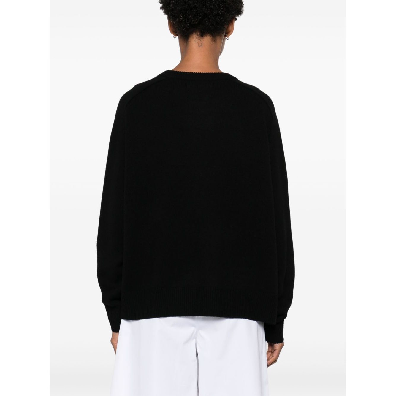 Rear view of SOFT GOAT Sweaters Black, cashmere boyfriend crewneck jumper, ribbed trim long sleeves, elegant style for women.