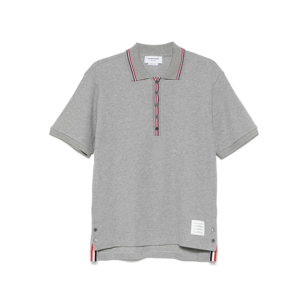 Thom Browne T-shirts and Polos Light Grey featuring a grey front button placket, polo collar, and short sleeves, Rwb cotton polo shirt.