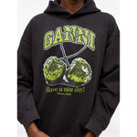 GANNI Sweaters Grey organic cotton hoodie with cherries print, black, long sleeves, drop shoulder, and classic hood design.