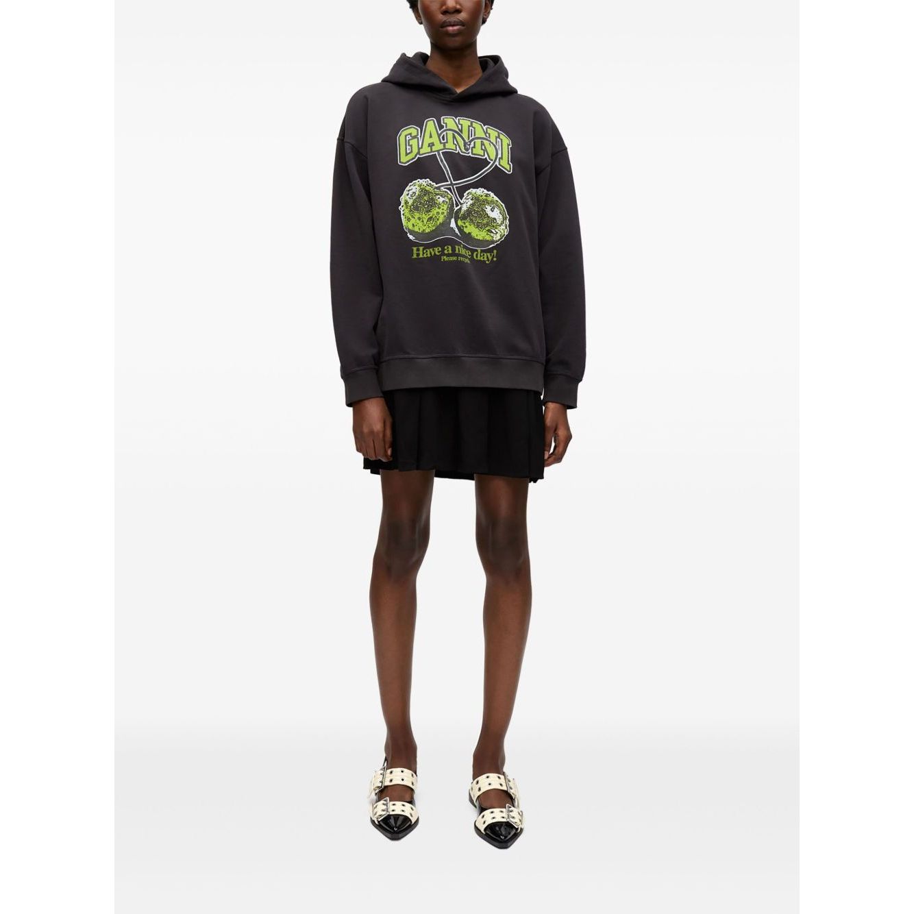 GANNI Sweaters Grey: Black organic cotton hoodie with cherries print, drop shoulder design and long sleeves.