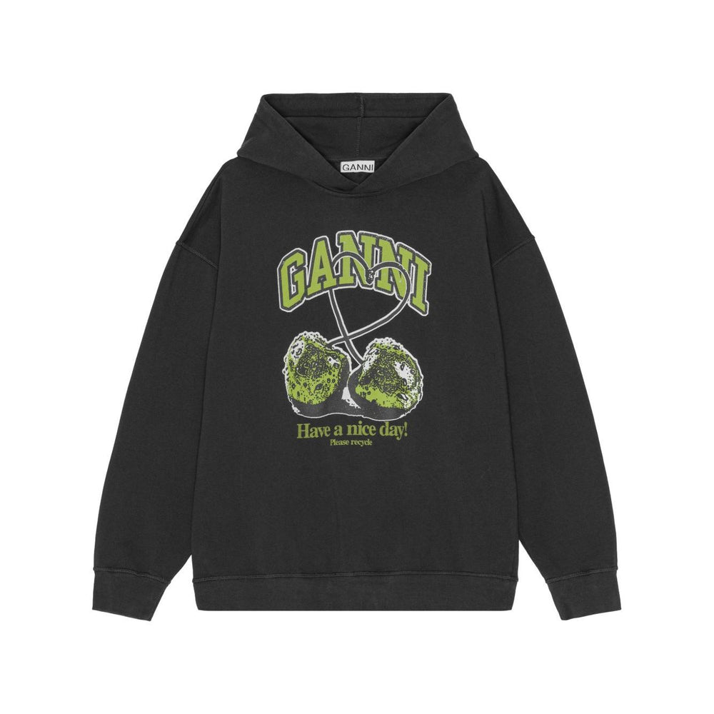 GANNI Sweaters Grey - Black hoodie with drop shoulder, long sleeves, and graphic cherries design made from organic cotton.