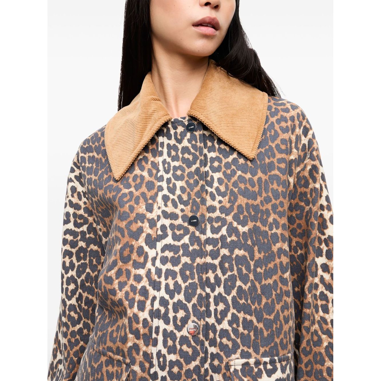 GANNI Jackets Brown with animal print, front button fastening, and wide peak lapels made from a cotton blend