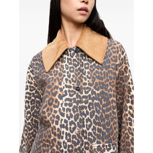 GANNI Jackets Brown with animal print, front button fastening, and wide peak lapels made from a cotton blend