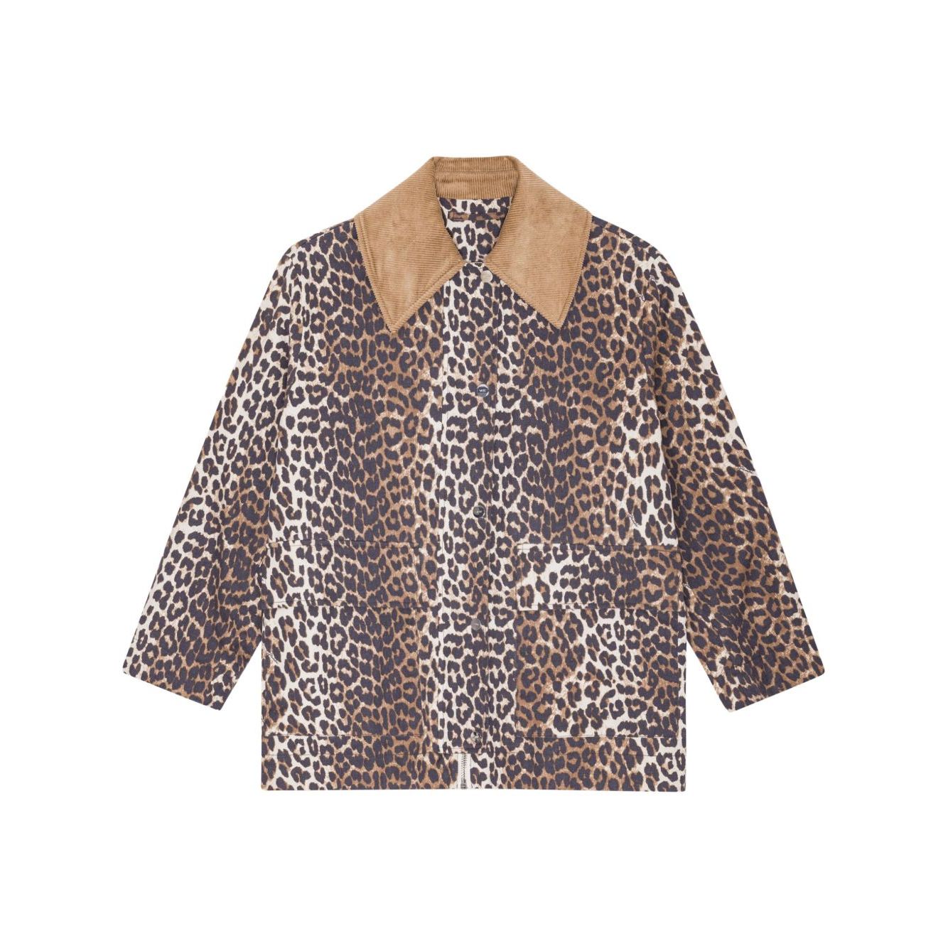 GANNI Jackets Brown with animal print, front button fastening, wide peak lapels, and cotton blend material.