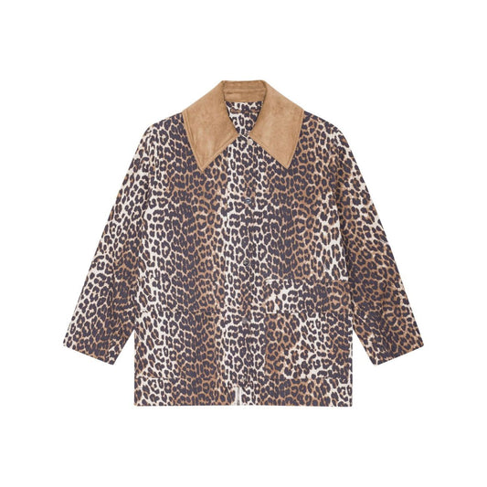 GANNI Jackets Brown with animal print, front button fastening, wide peak lapels, and cotton blend material.