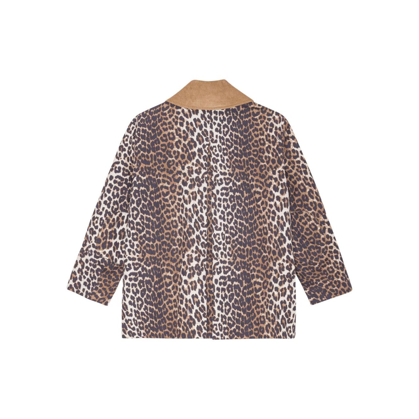 Back view of GANNI Jackets Brown with animal print, wide peak lapels, and button fastening made from cotton blend material.