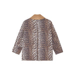 Back view of GANNI Jackets Brown with animal print, wide peak lapels, and button fastening made from cotton blend material.
