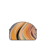 Paul Smith Swirl leather crossbody bag in colorful abstract design with cedar brown, detachable strap, and logo print on front.