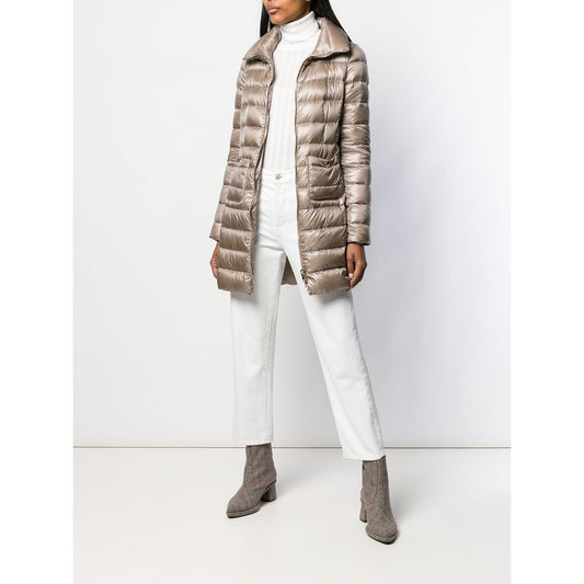 Herno Coats Dove Grey, natural feather down Maria midi jacket with front zip, long sleeves, and patch pockets, styled with white pants.