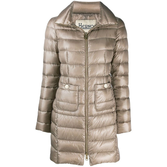 Herno Coats Dove Grey Maria midi down jacket with natural feather down, front zip, long sleeves, patch pockets, and padded interior.