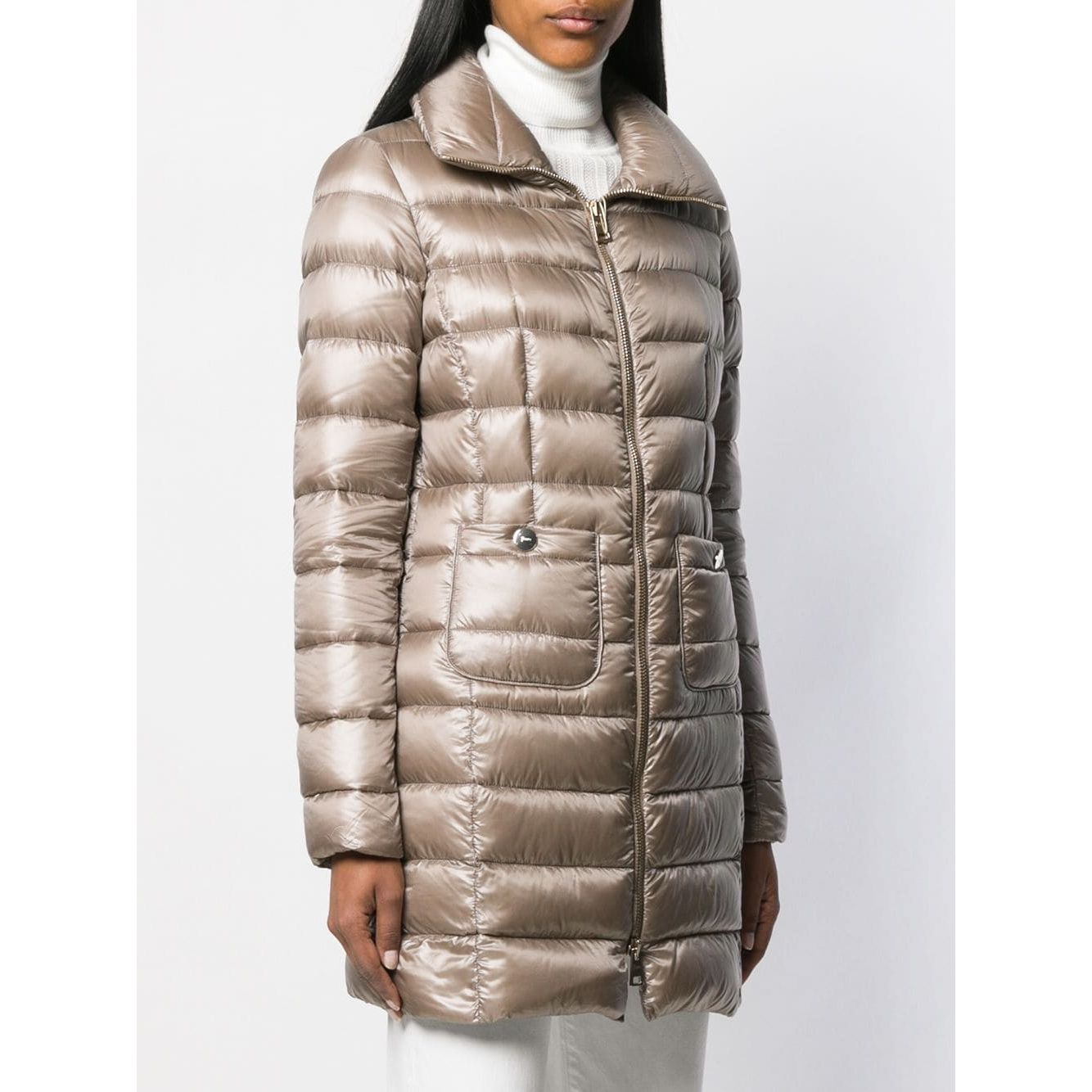 Herno Coats Dove Grey Maria midi down jacket with zipper, long sleeves, and patch pockets, featuring a padded interior for warmth.