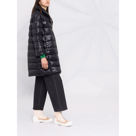 Herno Coats Black feather down padded midi jacket with stand-up collar, front zip, long sleeves, knee-length, and side slit pockets.