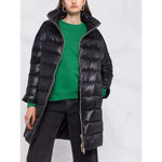 Woman wearing Herno Coats Black, knee-length padded jacket with stand-up collar, zip fastening and side pockets.