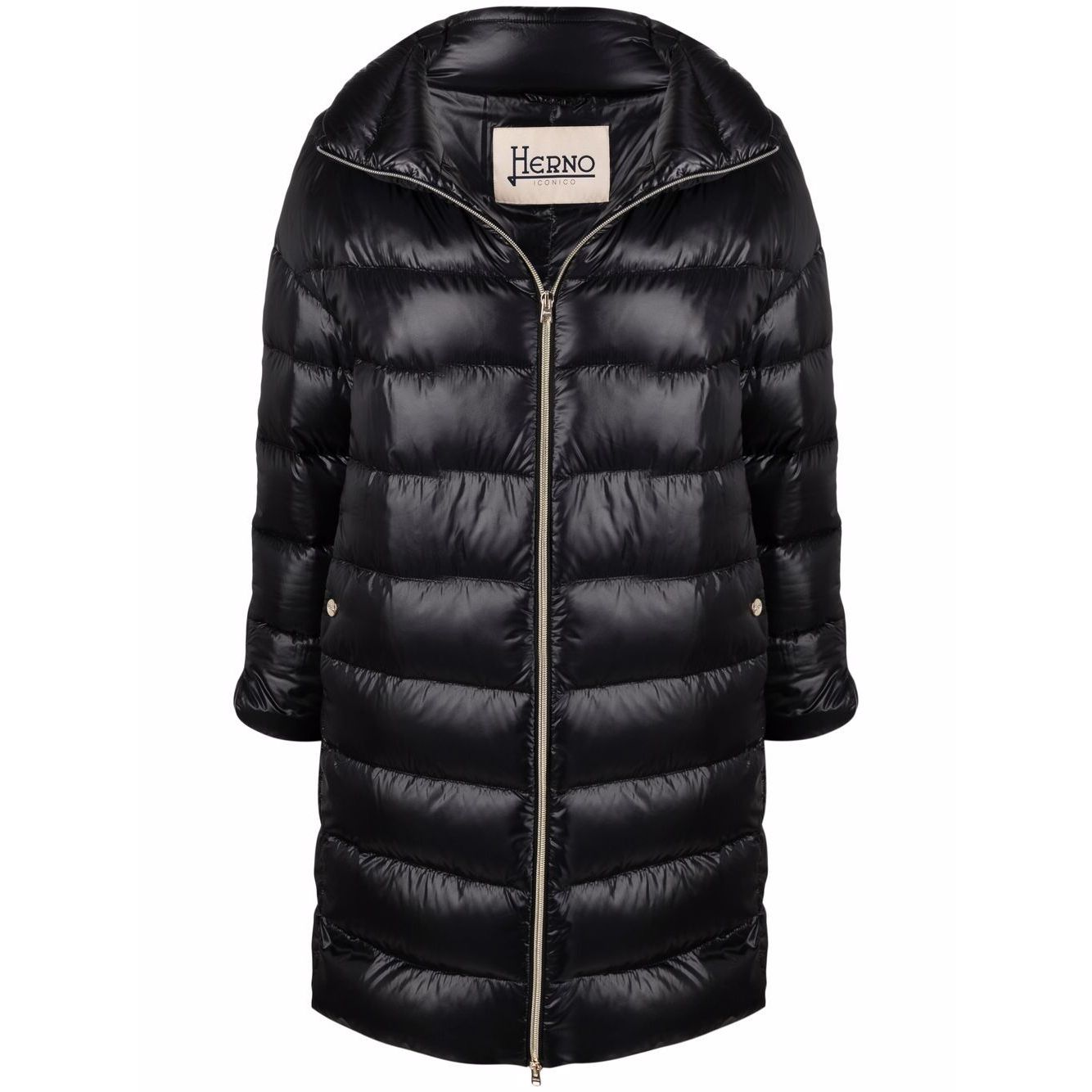 Herno Coats Black feather down padded midi jacket with stand-up collar, front zip, long sleeves, and side slit pockets.