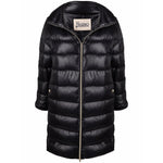 Herno Coats Black feather down padded midi jacket with stand-up collar, front zip, long sleeves, and side slit pockets.
