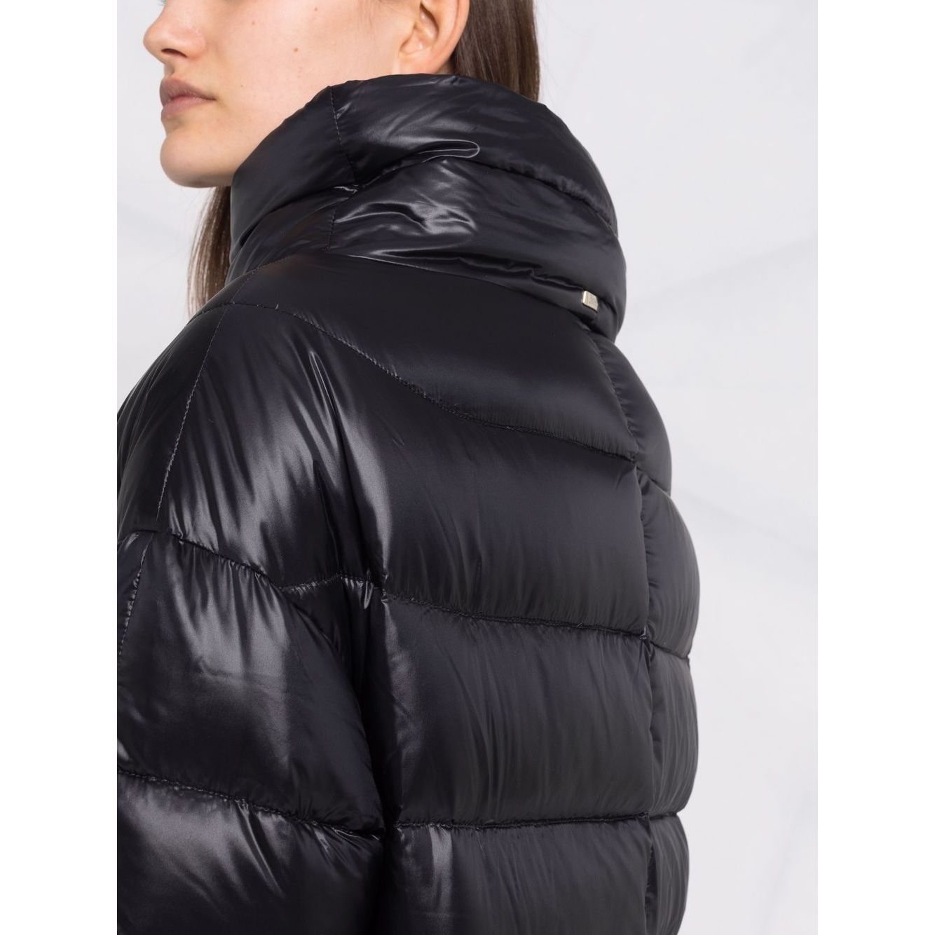 Side view of Herno Coats Black feather down padded jacket with stand-up collar and long sleeves