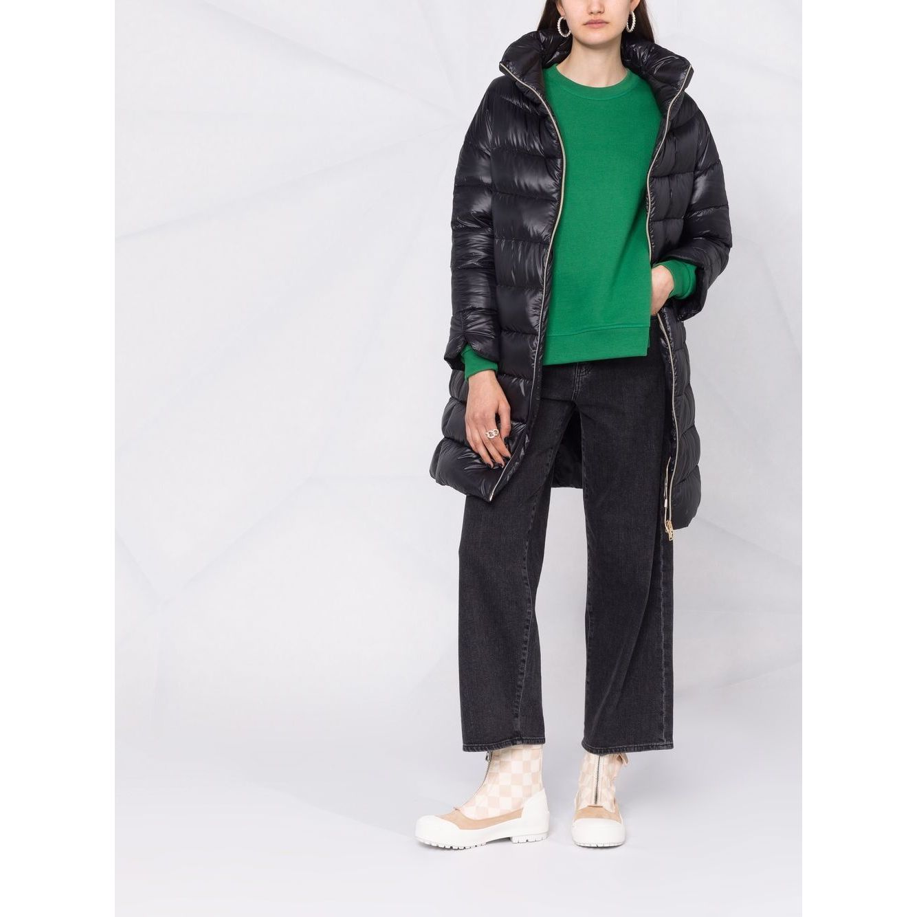 Herno Coats Black feather down padded jacket with stand-up collar and front zip, shown with knee-length fit and two side slit pockets.