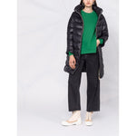 Herno Coats Black feather down padded jacket with stand-up collar and front zip, shown with knee-length fit and two side slit pockets.