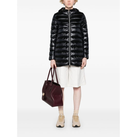 Herno Coats Black A-shape midi down jacket with drawstring hood, two-way zip fastening, and side zip pockets, featuring a padded design.