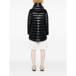 Rear view of Herno Coats Black, a feather down padded jacket with drawstring hood and curved hem.