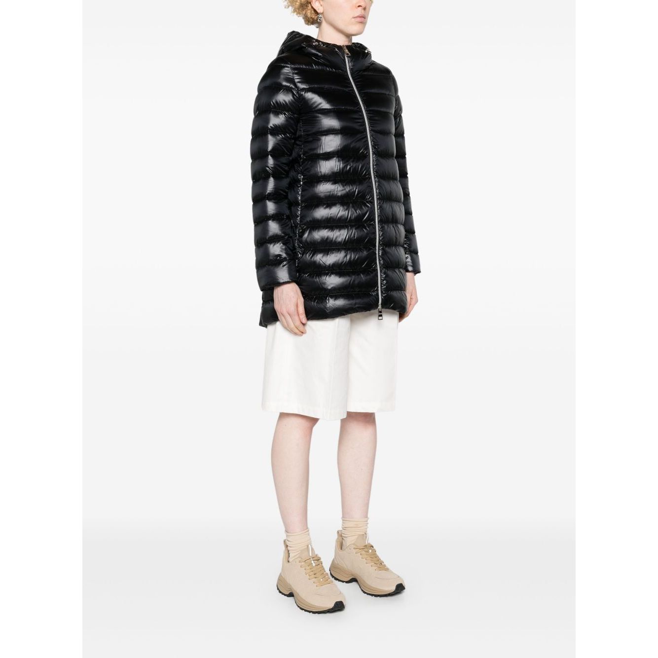 Herno Coats Black feather down jacket with drawstring hood, two-way zip fastening, and curved hem