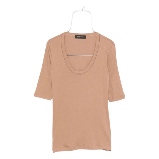 Fabiana Filippi Sweaters Camel - Light brown cotton top with short sleeves and embellished round neckline, shown on a hanger.
