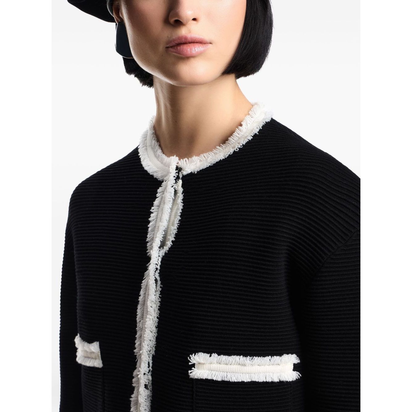 Emporio Armani Jackets Black fringed trim wool-blend crewneck blazer with welt pockets.