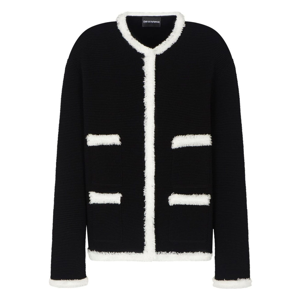 Emporio Armani Jackets Black wool-blend blazer with fringed trim and welt pockets.