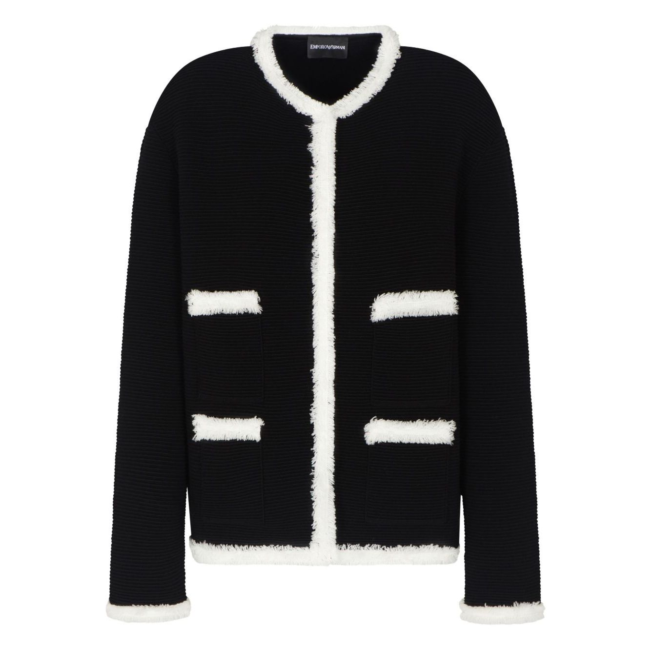 Emporio Armani Jackets Black wool-blend blazer with fringed trim and welt pockets.