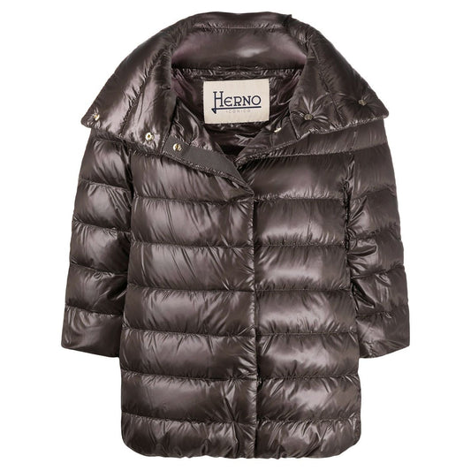 Herno Jackets Brown padded design with high neck and 3/4 sleeves, Aminta nylon cape, straight hem, hidden front closure.