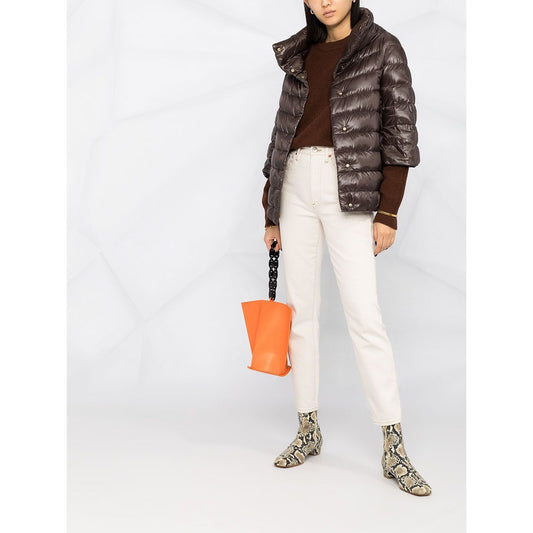 Herno Jackets Brown padded design with high neck and 3/4 sleeves, styled with white pants and orange bag.