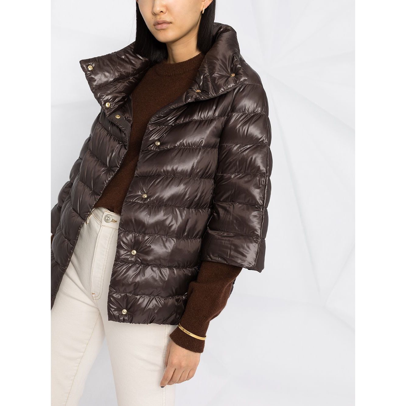 Herno Jackets Brown, padded design with high neck and hidden front closure, Aminta nylon cape, 3/4 sleeves, straight hem, brown color.